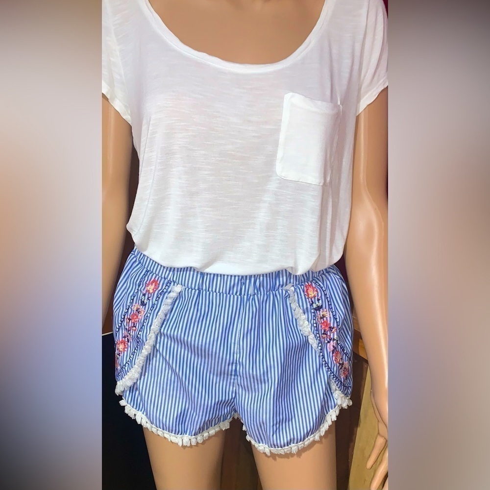 Derek Heart Embroidered Blue and White Shorts Medium
